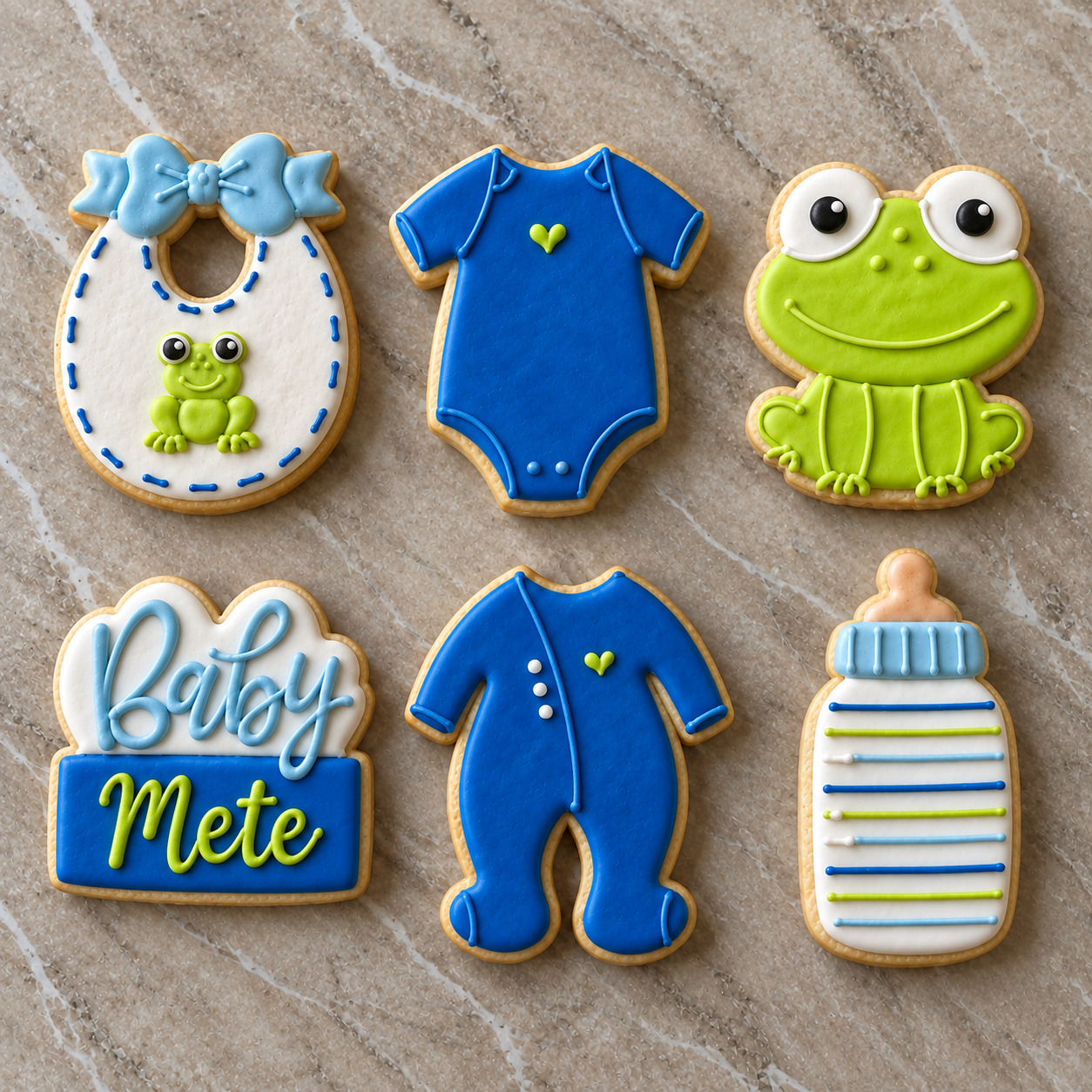 Kurbağalı Mavi Baby Shower royal icing kurabiye seti