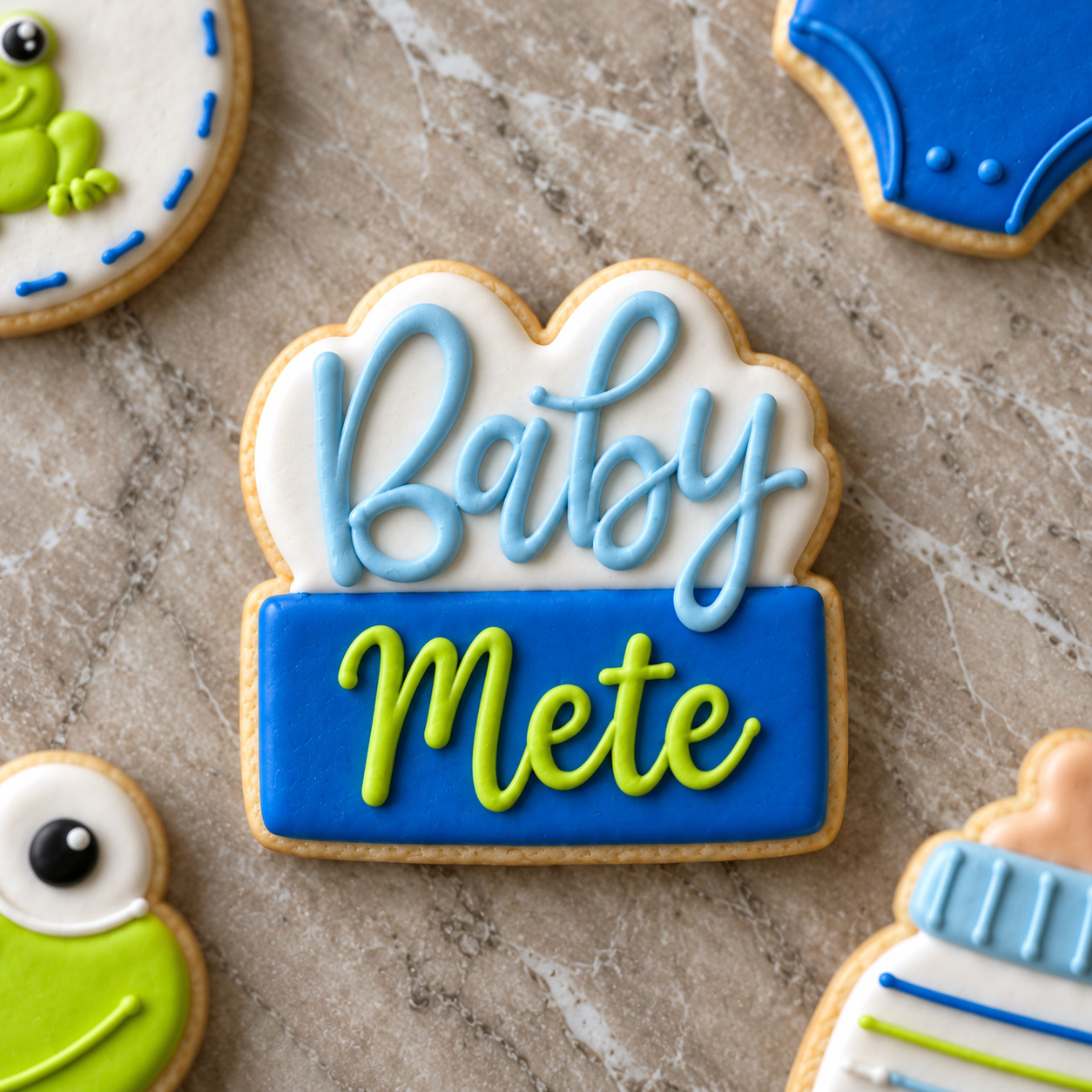 Kurbağalı Mavi Baby Shower royal icing kurabiye seti detay 2