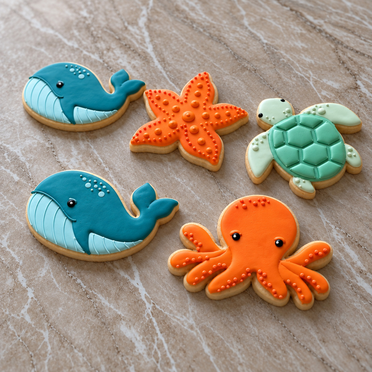 Neşeli Okyanus Dostları royal icing kurabiye seti detay 2
